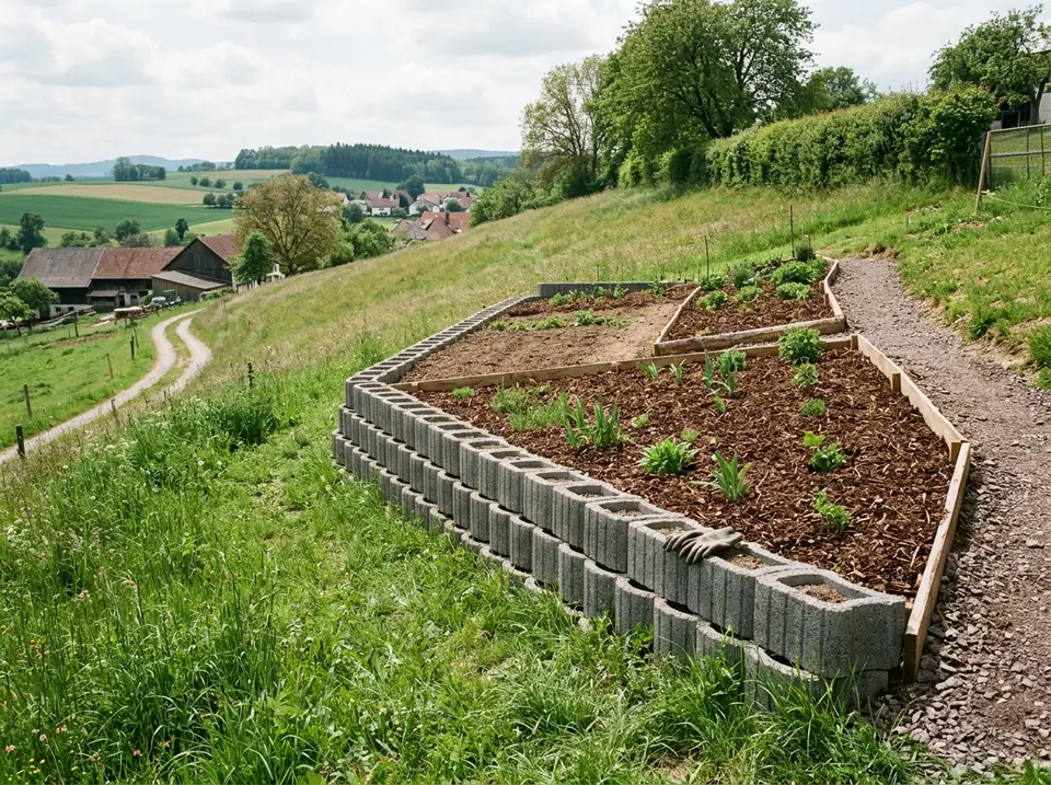 Enyhén lejtős kert betonelemes alacsony támfallal és teraszos ágyásokkal.